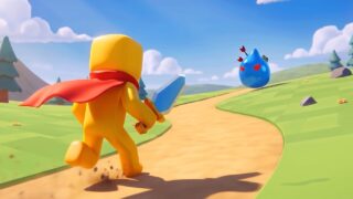 XP Heroの黄色いヒーローが剣を持って青いモンスターに向かって走る画像